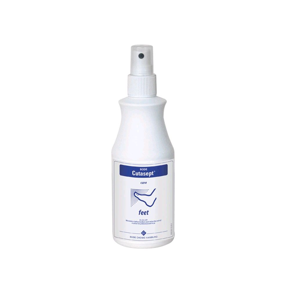 Parfümfreies Cutasept Fußspray, weißer Sprühflakon mit blauer Marken- und Produktkennzeichnung
