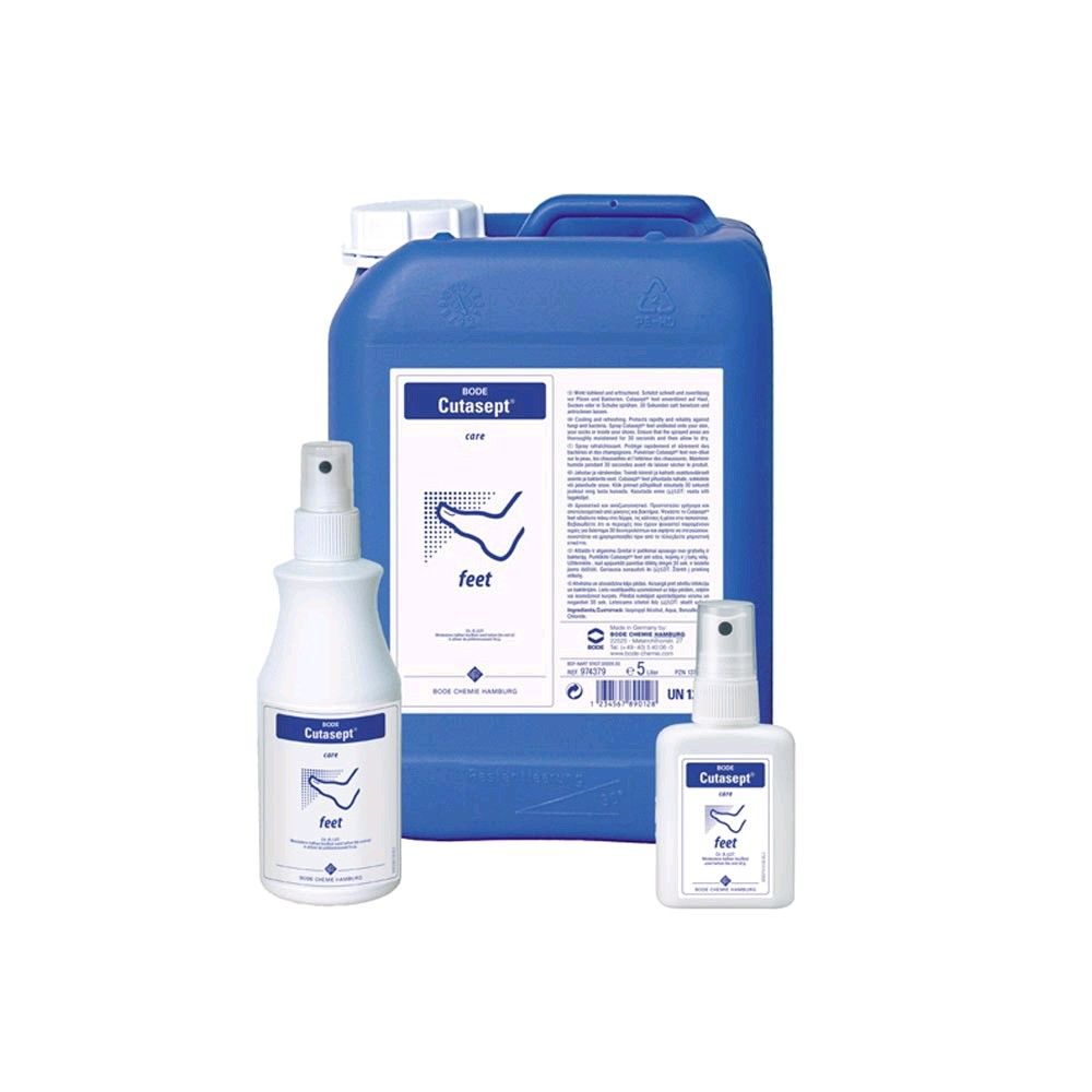 Parfümfreies Cutasept Fußspray-Set: blauer Kanister, weißer Sprühflakon und Mini-Flakon