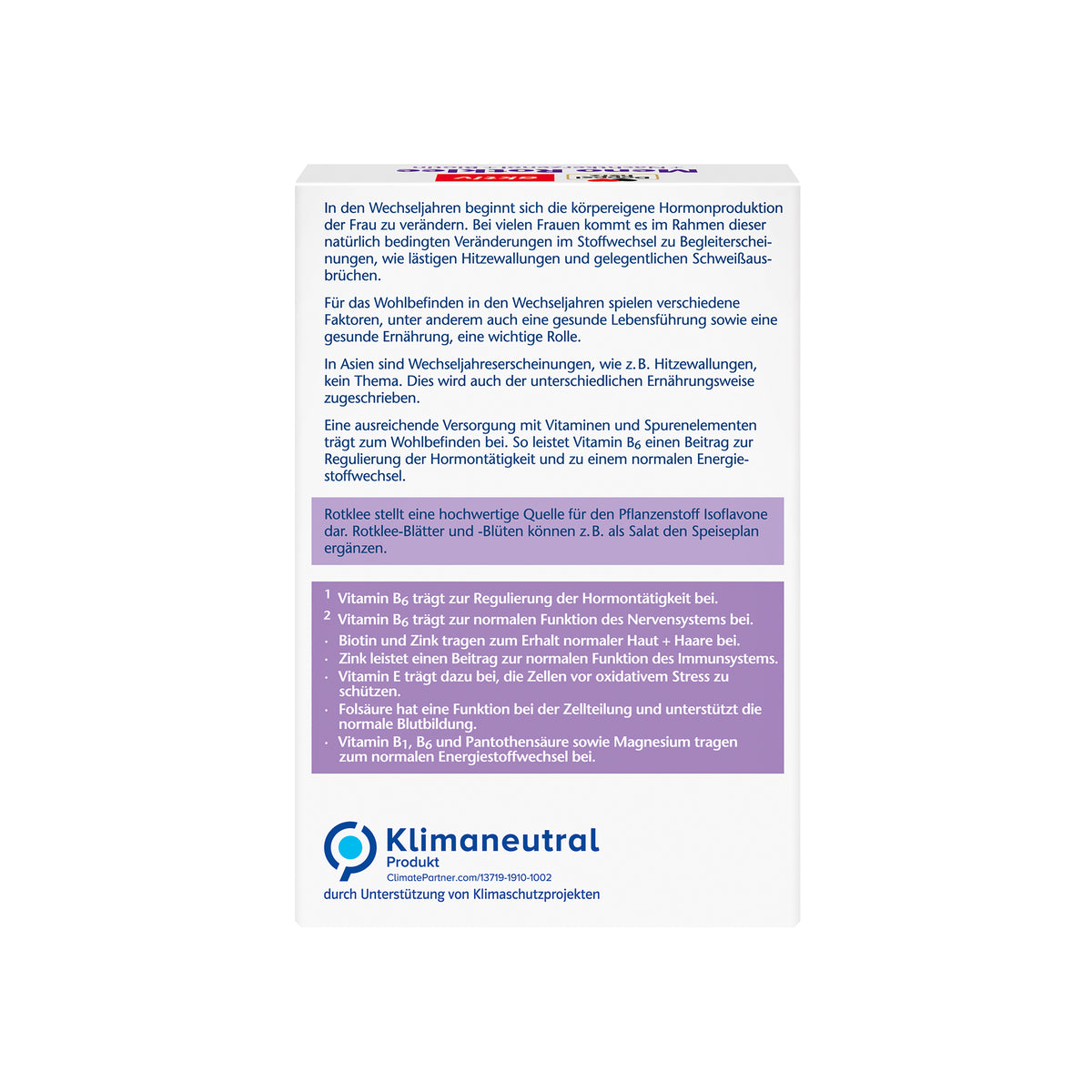 Doppelherz aktiv Meno Rotklee Kapseln, Rückseite mit Klimaneutral-Label