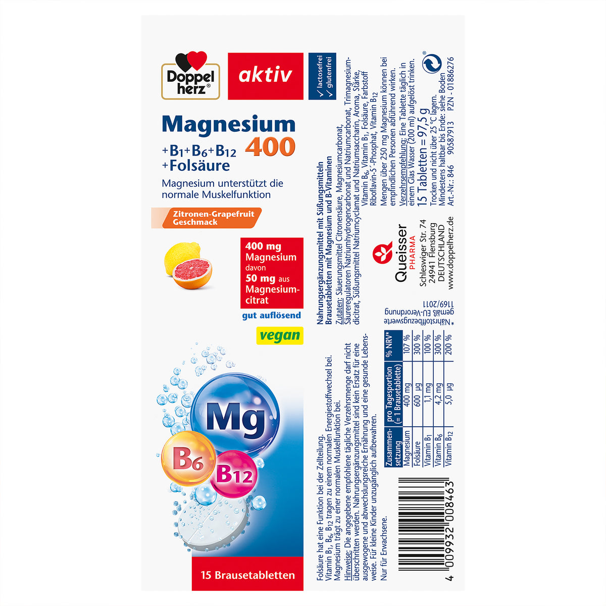 Doppelherz aktiv Magnesium 400 Brausetabletten, Rückseite mit Inhaltsstoffen