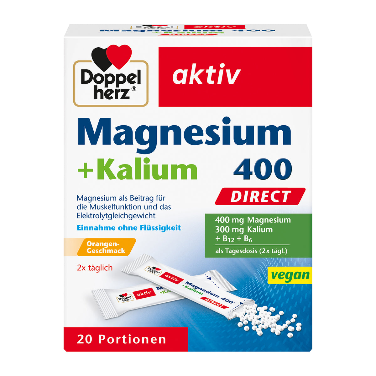 Magnesium+Kalium Direkt Nahrungsergänzung in roter Verpackung, 20 Portionen