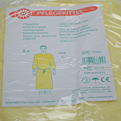 Gelber Pflegekittel aus Vliesstoff, Etikett mit Größe L, Menge 5×