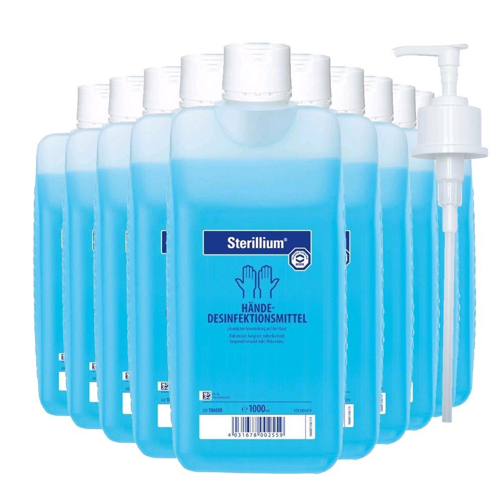 Sterillium Händedesinfektion: mehrere blaue 1000-ml-Flaschen mit Dosierpumpe