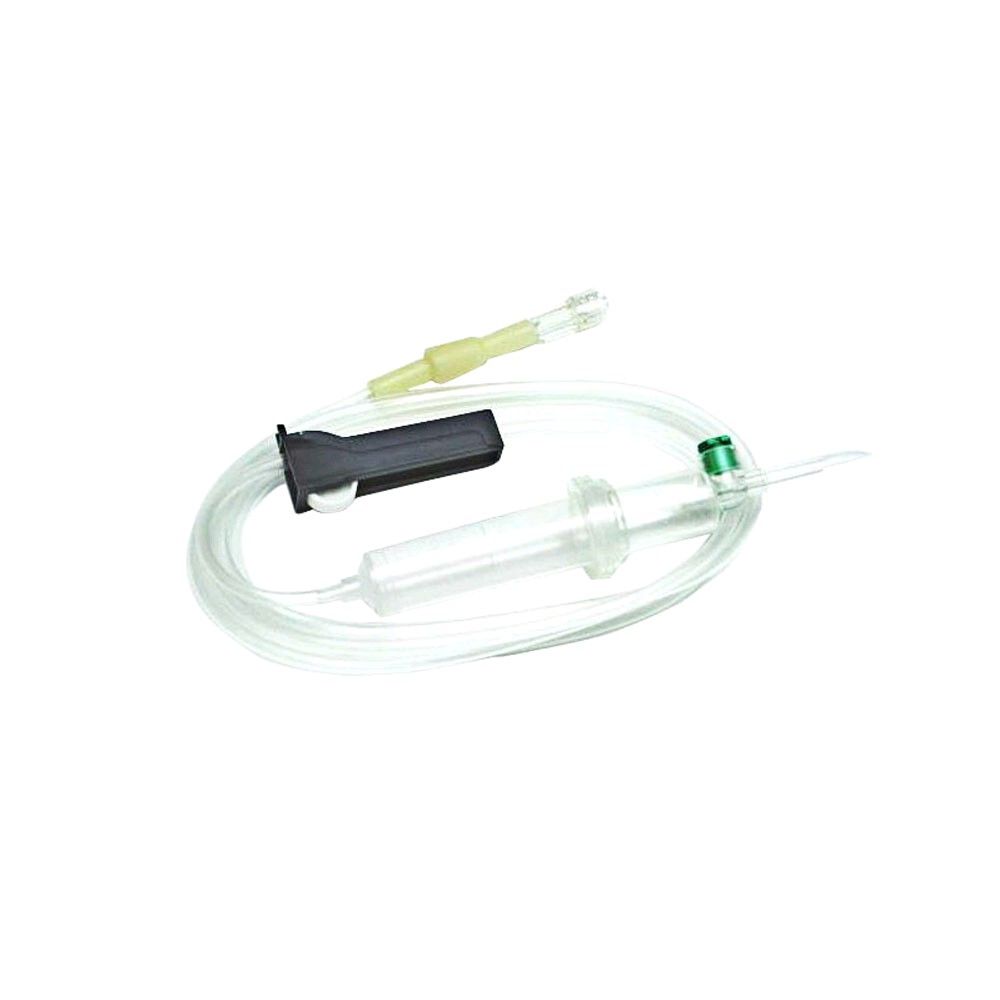Schwerkraft-Infusionsbesteck mit transparenter Tropfkammer, Schlauch und schwarzer Klemme
