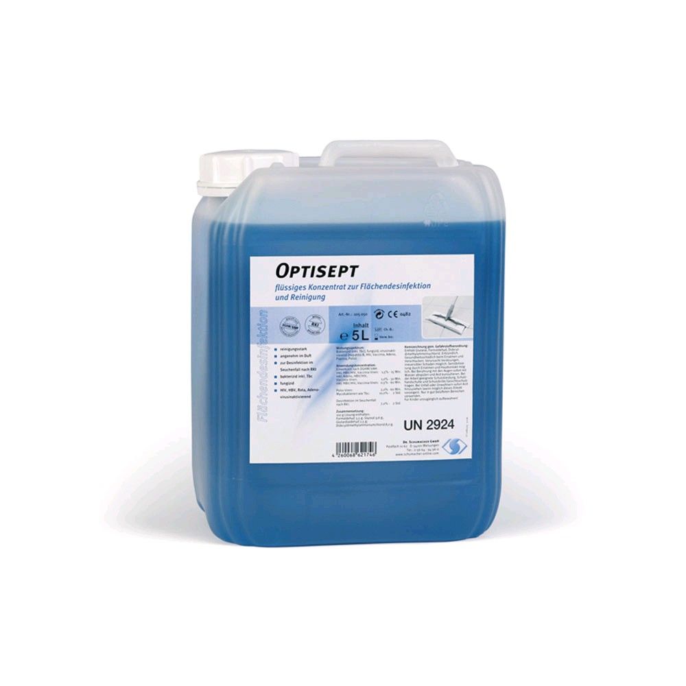 Optisept Flächendesinfektionsmittel im 5‑L-Kanister, blau, mit Etikett