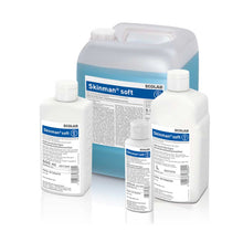 Ecolab Skinman soft Händedesinfektion, mehrere Flaschen und Kanister mit Dosierkappe