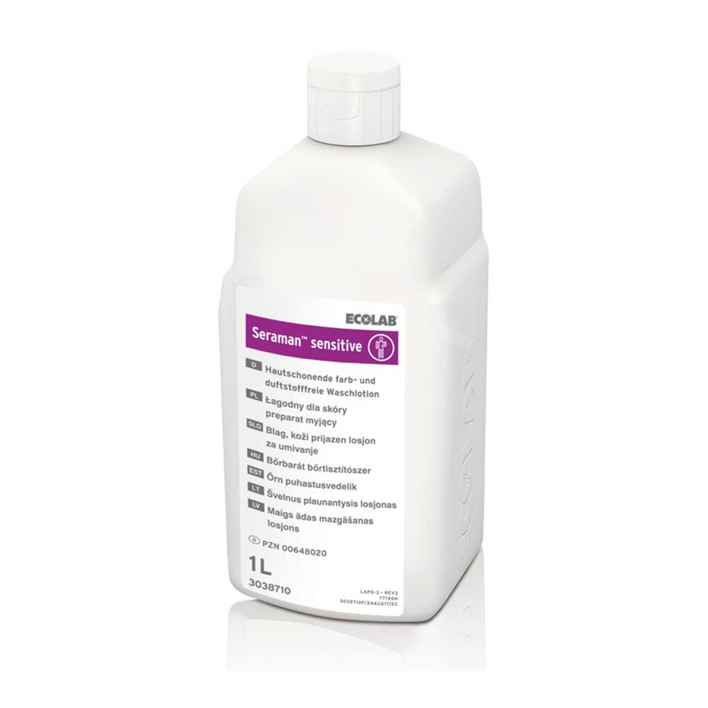 Waschlotion Ecolab Seraman sensitive, 1.000 ml Flasche mit Rückseitenaufdruck