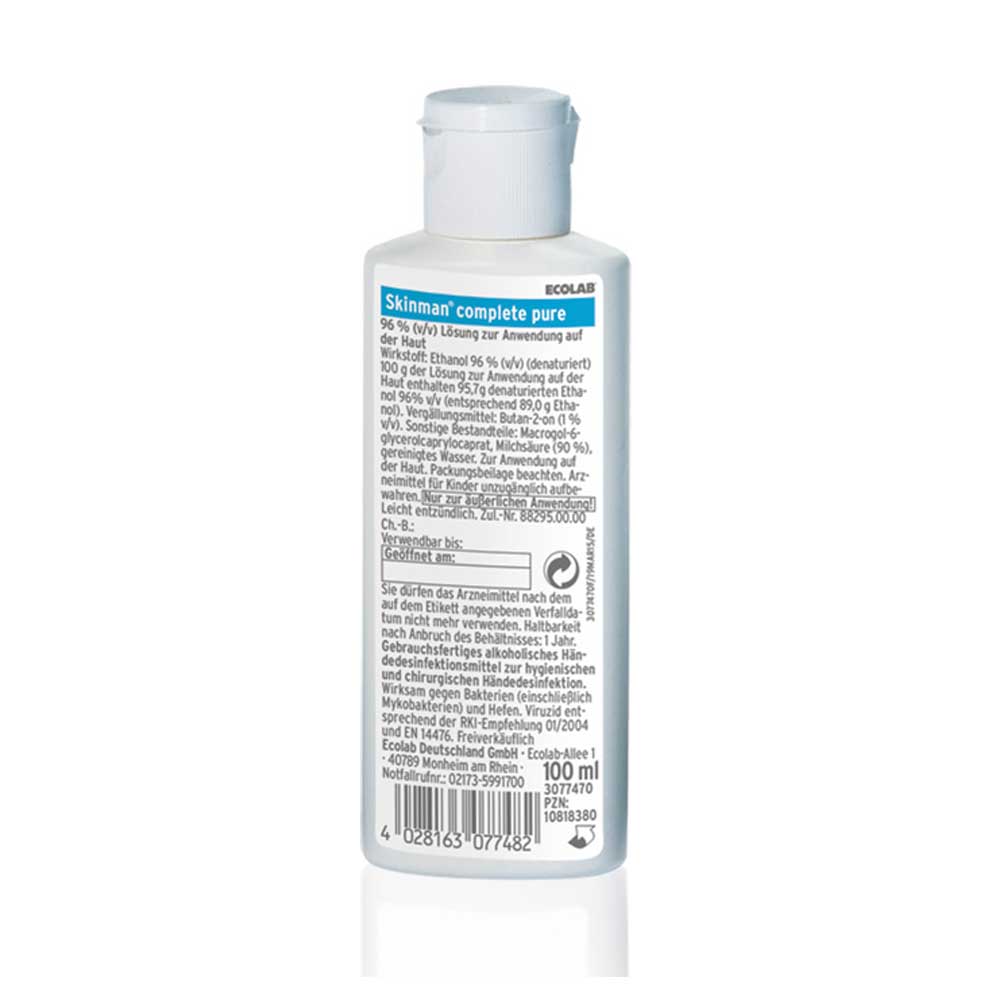 Händedesinfektionsflasche mit Schraubdeckel, Rückseite mit 100 ml-Angabe