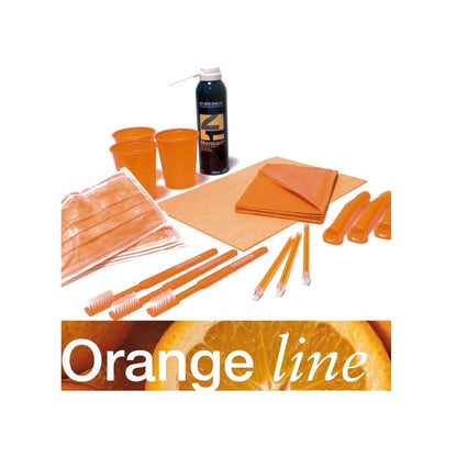 Behandlungsset in Orange: Becher, Einlagen, Instrumente und Flasche