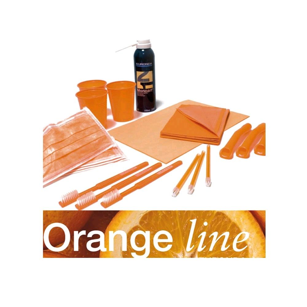 Oranges Zahnarzt-Behandlungsset mit Bechern, Tüchern, Applikatoren und Flasche