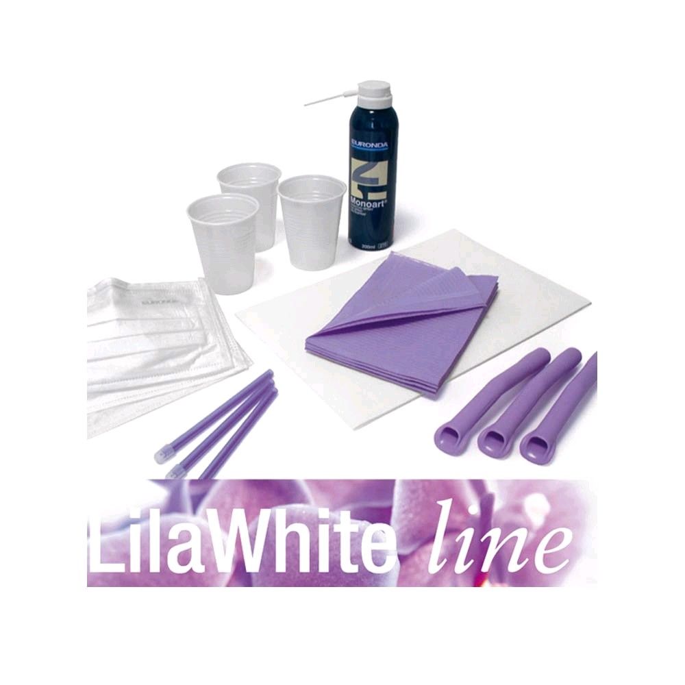 Lila-weißes Zahnarzt-Behandlungsset mit Bechern, Tüchern, Applikatoren und Flasche
