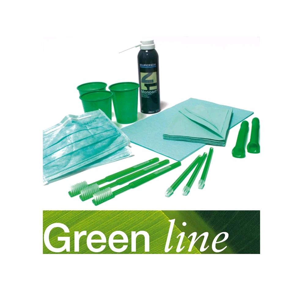 Behandlungsset in Grün: Becher, Einlagen, Instrumente und Flasche