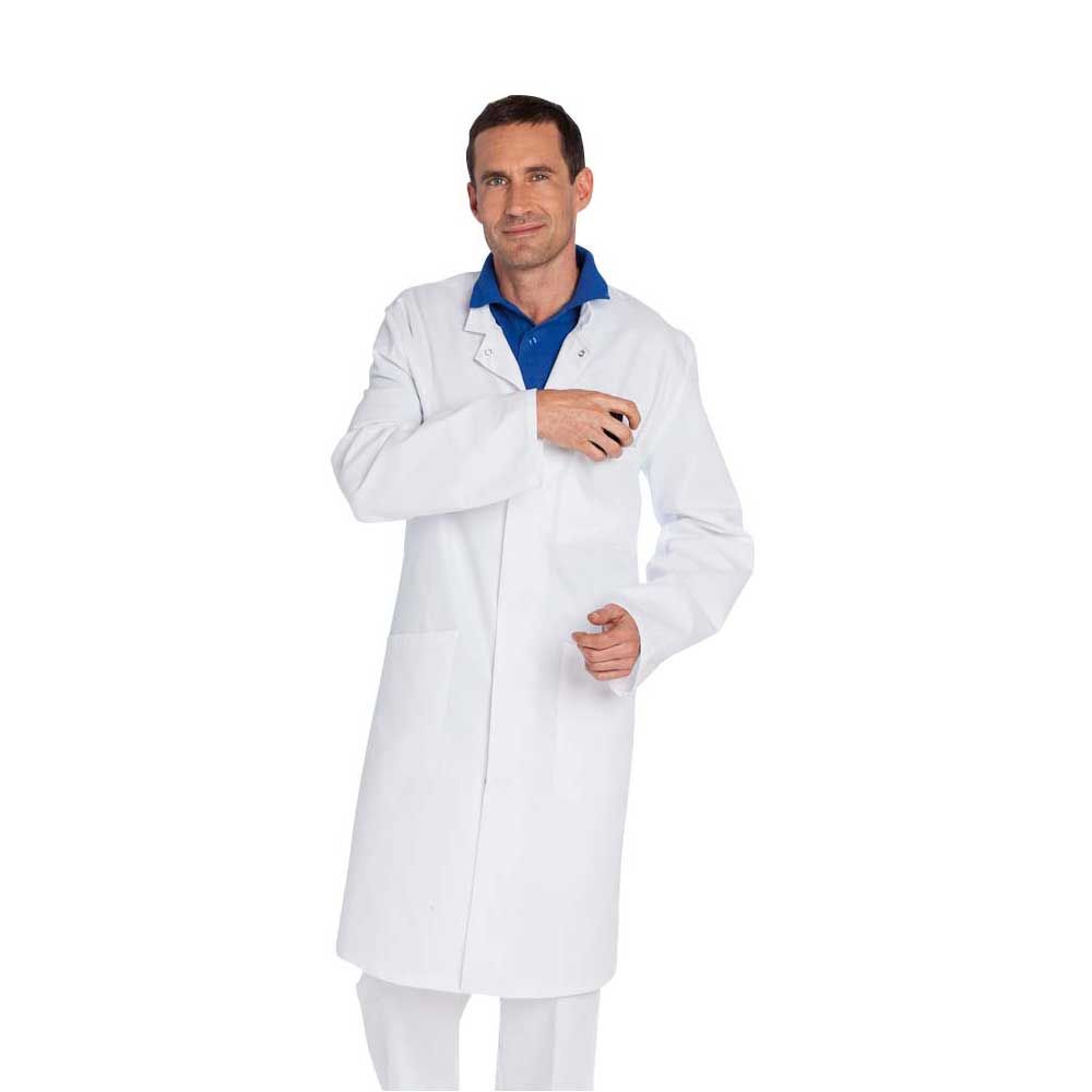 Herren-Klinikmantel, weiß, Stehkragen, lange Ärmel, Knopfleiste, seitliche Taschen