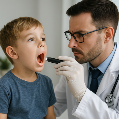 Diagnostikleuchte in Hand eines Arztes bei der Untersuchung eines Kindes