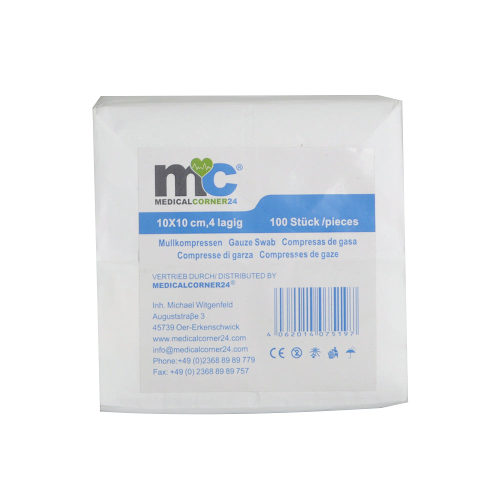 Mullkompressen 4-lagig unsteril 10×10 cm, 100 Stück, Verpackung mit Aufdruck