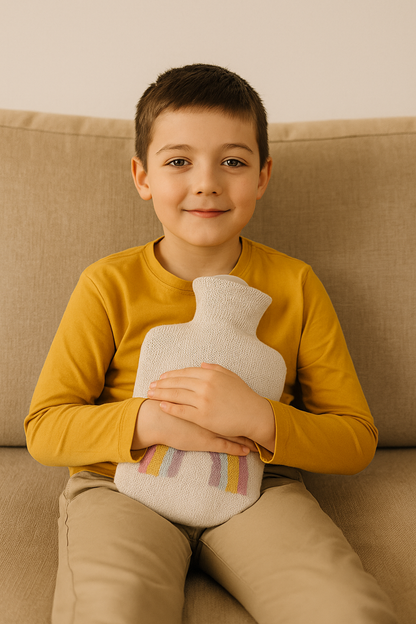 Wärmflasche mit Strickbezug und Regenbogenmotiv, in Kinderarmen vor dem Bauch