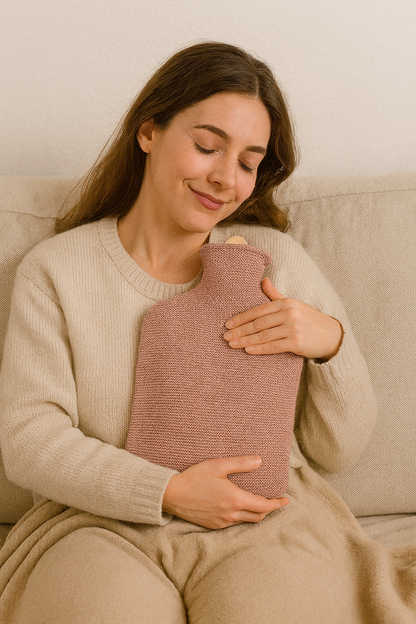 Altrosa Strick-Wärmflasche mit Baumwollbezug, Person umarmt sie auf dem Sofa