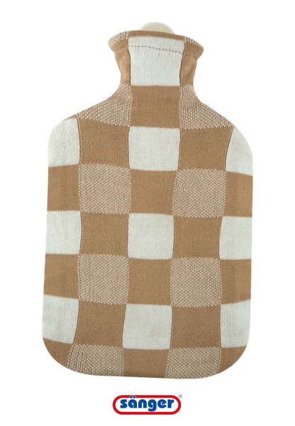 Baumwoll-Strickbezug für Wärmflasche, Karo beige/weiß